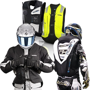 Elektronische Motorrad-Airbagwesten in Schwarz und Neon, teils getragen mit Kombi und Helm.